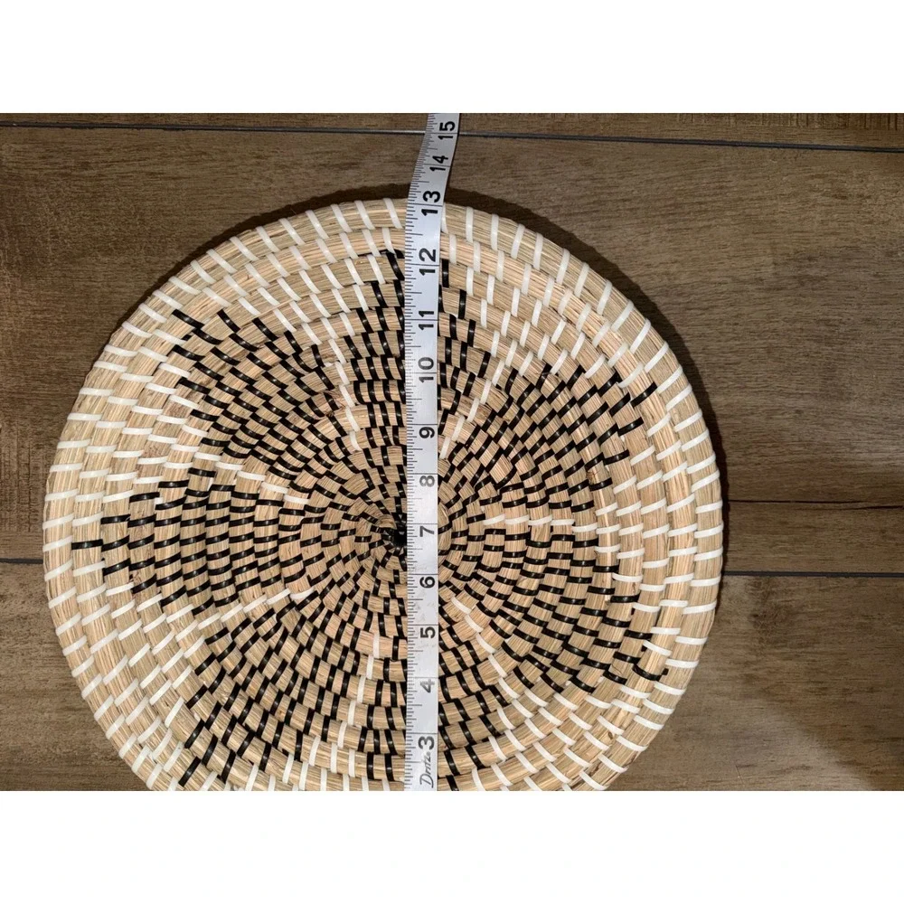 Handmade Woven Wall Basket Decor Boho Round Shallow Bowl Black White 12 Inch